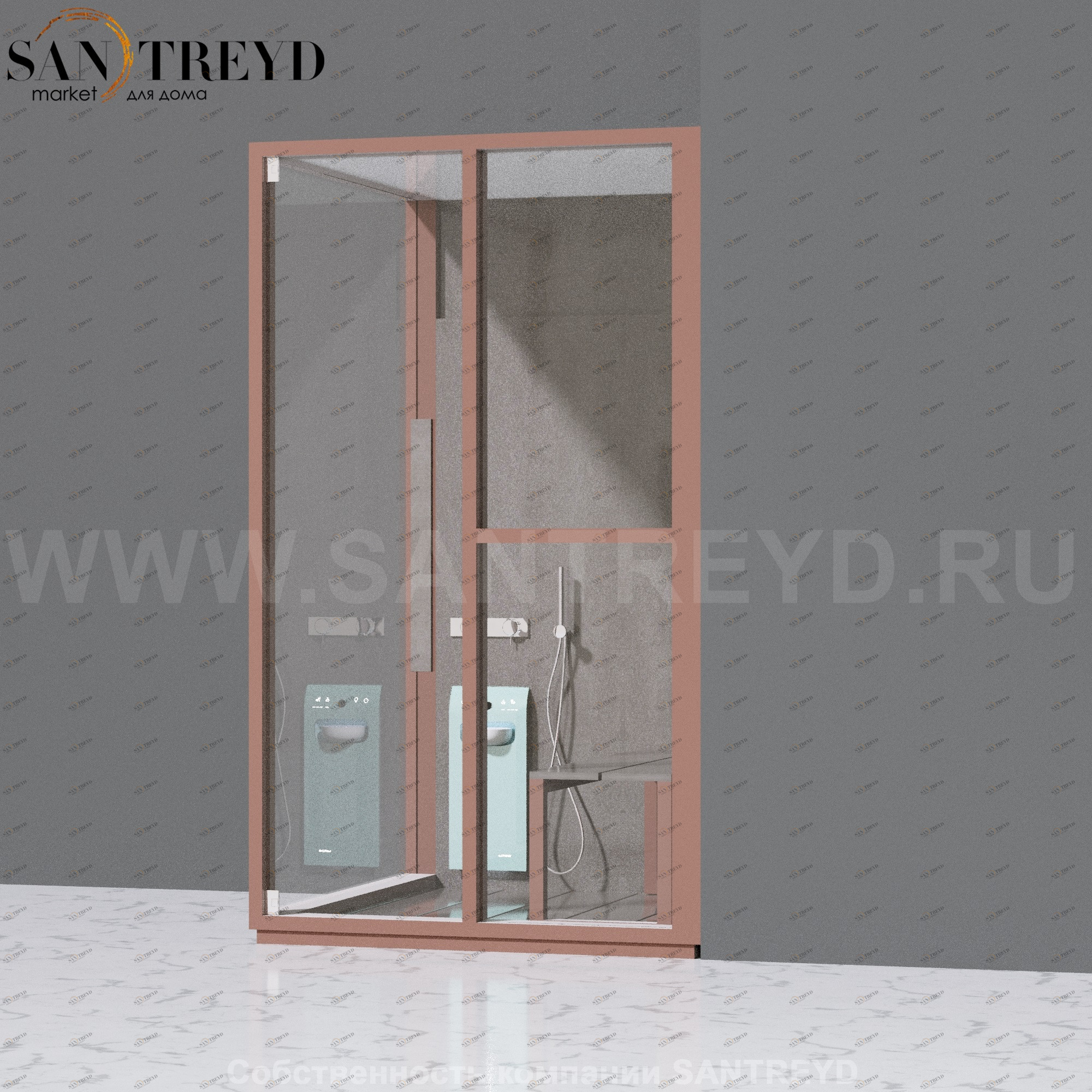 Effegibi H SMALL LO82030005 Комбинированная баня: хаммам и душ. Установка: в правый угол. Правая дверь. Мощность: 3 кВт макс. Размеры: длина 131 см, ширина 92 см. Отделка: матовый лакированный коричневый аллюминий и темный ламинат из керамогранита.