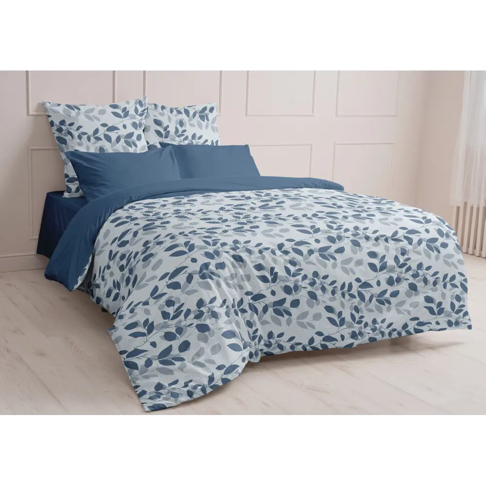 Комплект постельного белья Шуйские Ситцы Листья полутораспальный бязь синий STLM-2191834