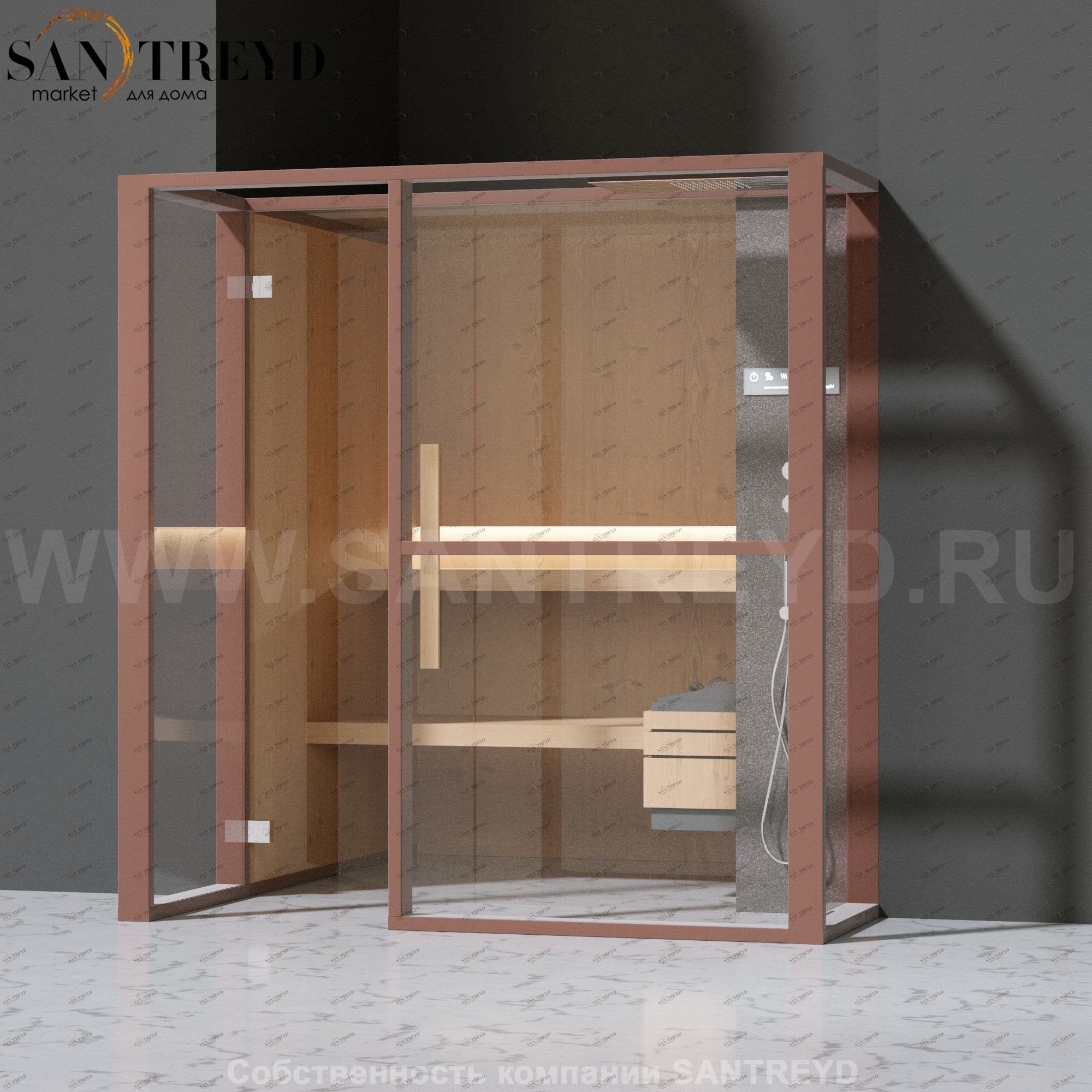 Effegibi LOGICAFILO S LO21030011 Сауна. Установка: в полунишу. Правая дверь. Мощность: 6 кВт макс. Размеры: длина 214 см, ширина 250 см. Отделка: канадский хемлок, матовый лакированный коричневый аллюминий и темный ламинат из керамогранита.