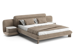 Двуспальная кровать с тканевой подкладкой и встроенными тумбочками