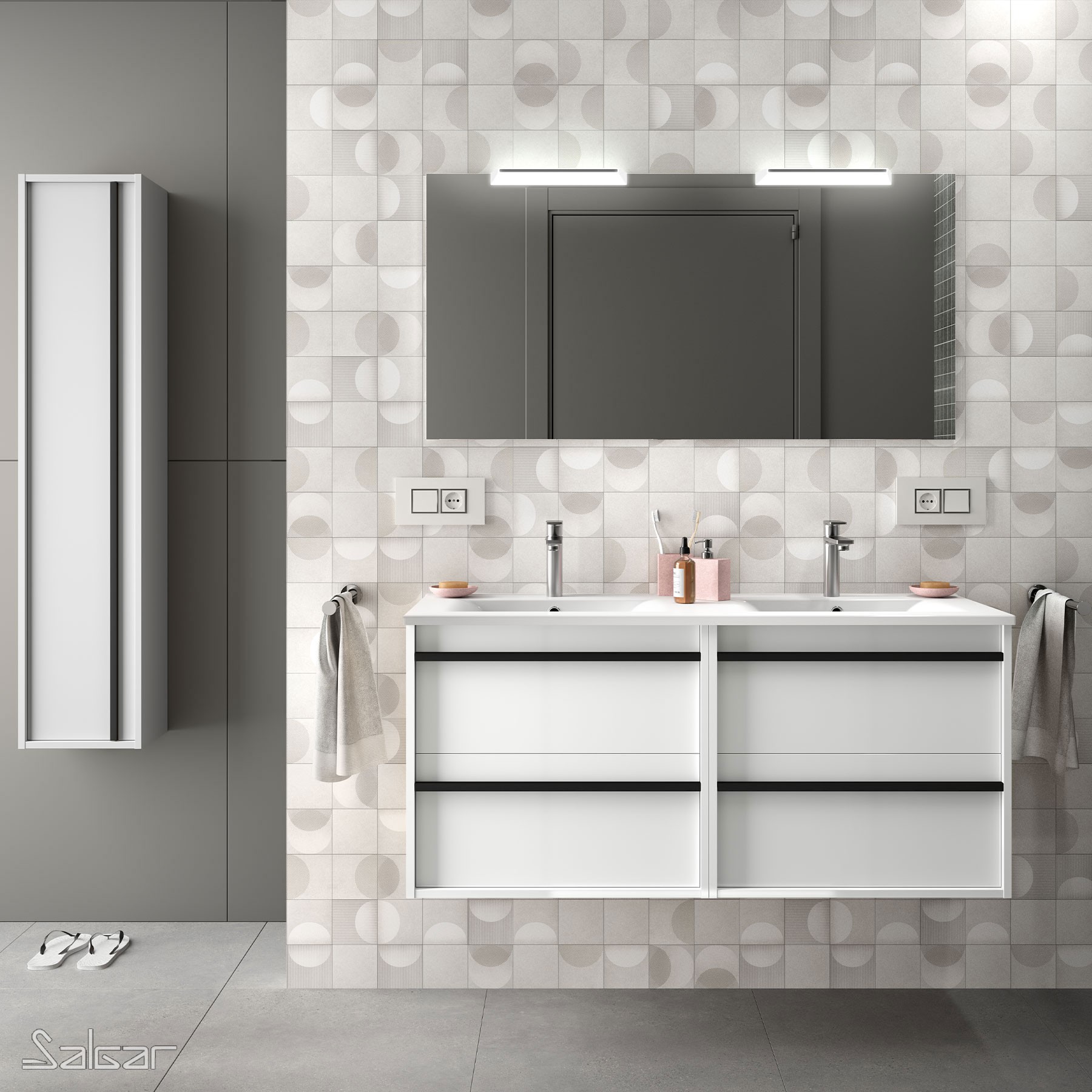 84954 SALGAR Комплект мебели для ванной ATTILA 1200 WHITE GLOSS LACQUERED + Раковина + Зеркало + Свет Глянцевый белый