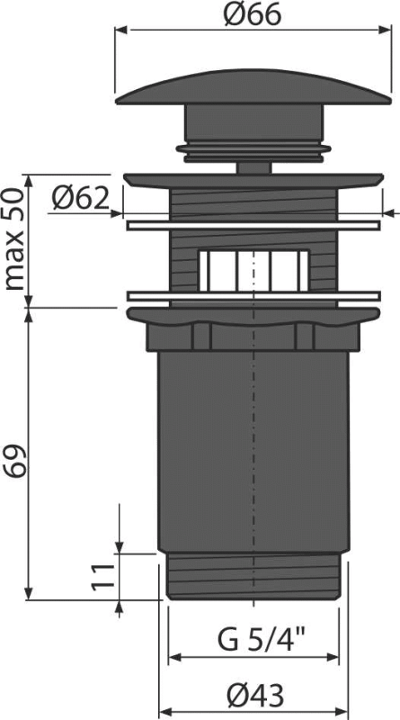 Донный клапан сифона для умывальника CLICK/CLACK 5/4", цельнометаллический с переливом и большой черной заглушкой ALCAPLAST A392BLACK - Вид №1