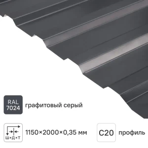 Профнастил С20 0.35 мм 1150x2000 мм серый 7024 серый графит 82613727 STLM-2203373