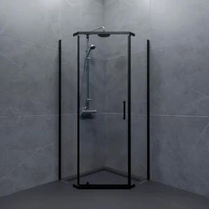 Душевая ширма Грета Triton пятиугольная 100x100x190см цвет профиля черный распашная стекло 6мм прозрачное