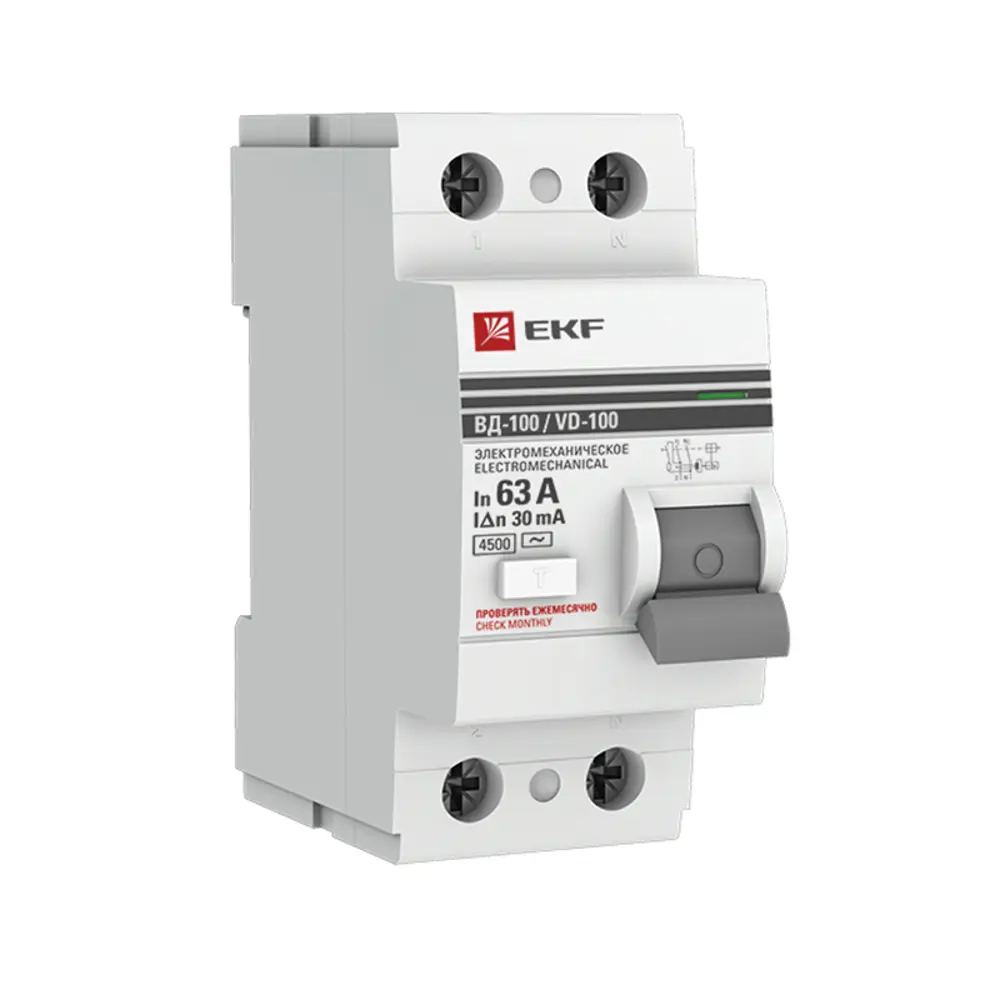 УЗО EKF ВД-100 2P 63 А 30 мА 4.5 кА АС elcb-2-63-30-em-pro 82423031 STLM-2204409 