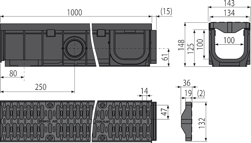 Дренажный канал 100 мм с пластиковой рамой и пластиковой решеткой А15 ALCAPLAST AVZ104R401 - Вид №1