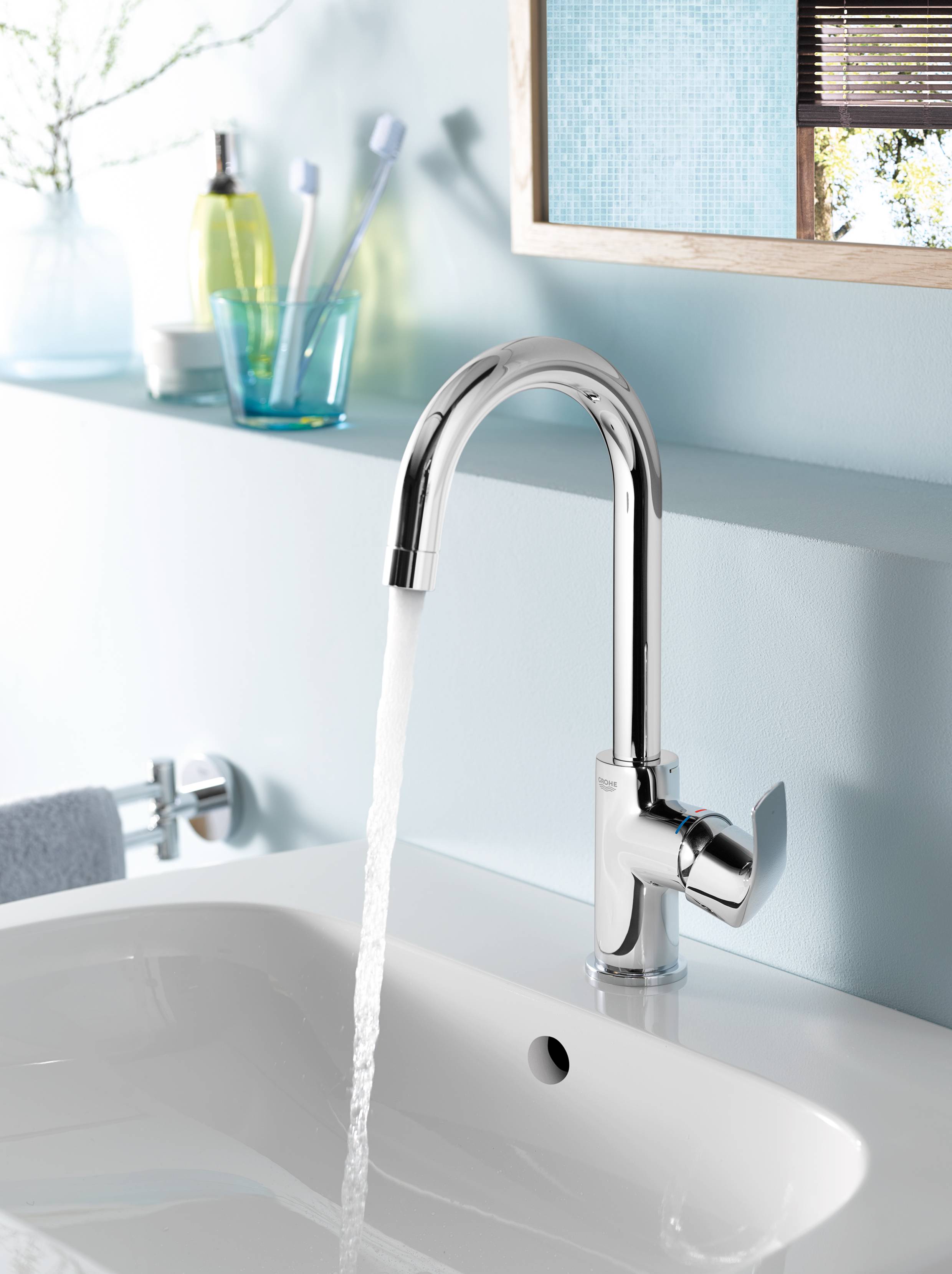 Смеситель для раковины GROHE Eurosmart New с высоким изливом и донным клапаном, L-size, хром (23537002) - Вид №3