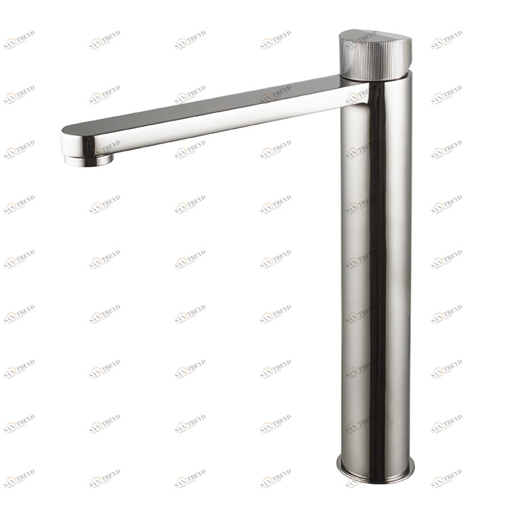 Смеситель для раковины с высоким изливом и ребристой ручкой. Керамический картридж Ø25 мм, шланги диаметром 500 мм 3/8 дюйма. Расход 5,68 л / мин при 3 барах  Tono NOKEN 100184753  TITANIUM 