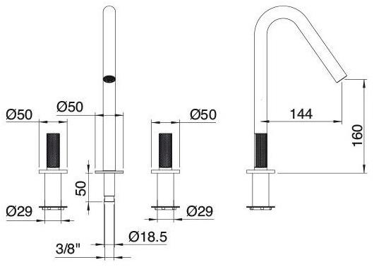 Rubinetterie Treemme Смеситель для умывальника из нержавеющей стали со столешницей на 3 отверстия с отдельными розетками 22mm sun-id-1426368 - Вид №2