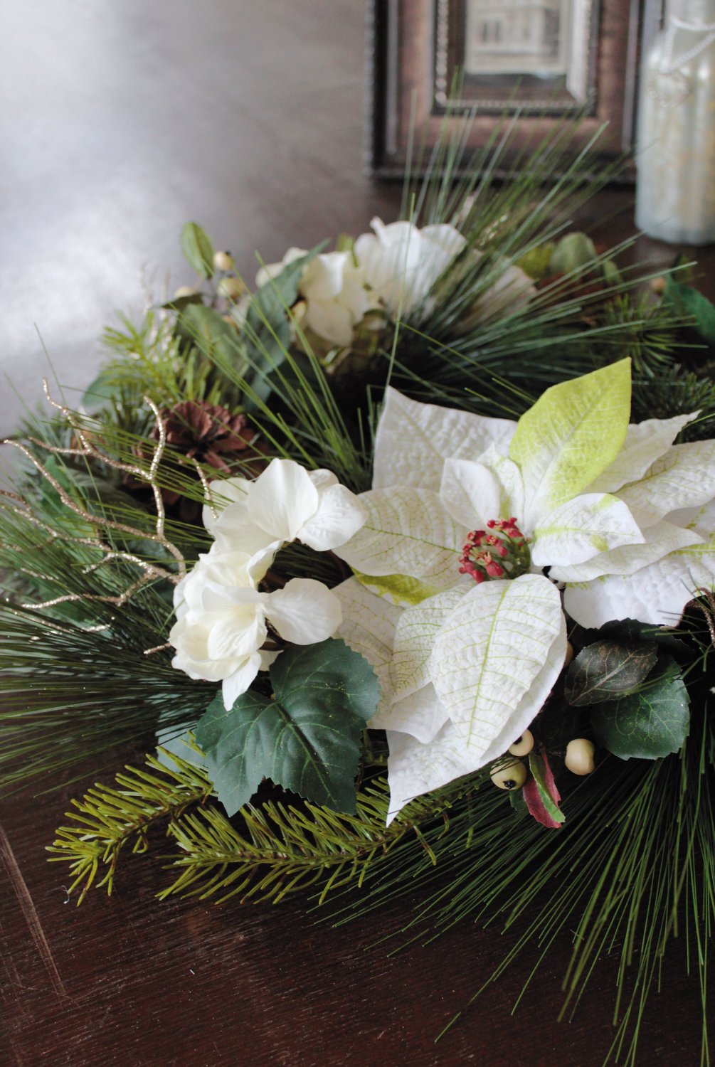 1455 778 a3 Искусственный венок 'пуансеттия / роза / гортензия / ель', Ø 50 см, бежево-белый H-andreas  - Вид №6