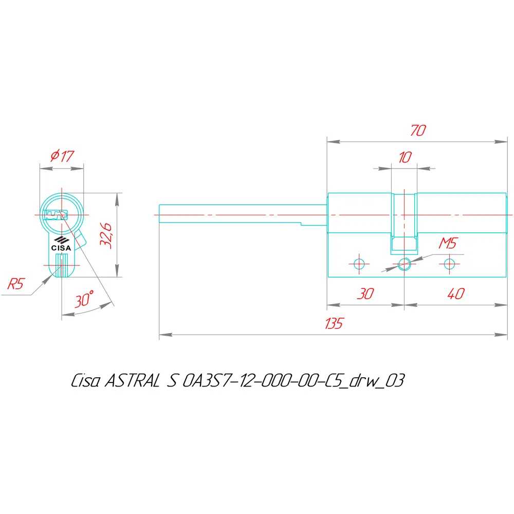 Цилиндр Cisa Astral S ОА3S7-12.00, 35x10x25 мм, ключ/шток, цвет латунь, без вертушки STLM-2175596 - Вид №4