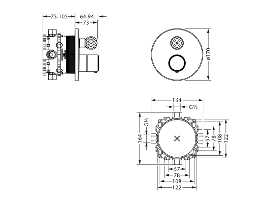 Термостат для душа скрытого монтажа ½" с запорным вентилем JOERGER Florale Crystal 600.40.360.000-AA - Вид №1