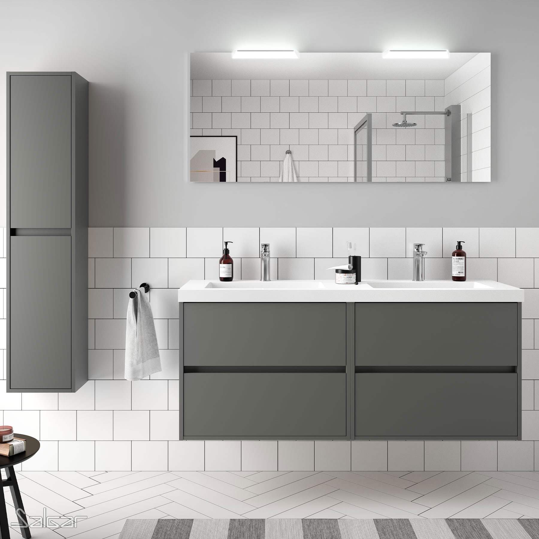 85095 SALGAR Комплект мебели для ванной NOJA 1400 MATT GREY + Раковина + Зеркало + Свет Мэтт Грей