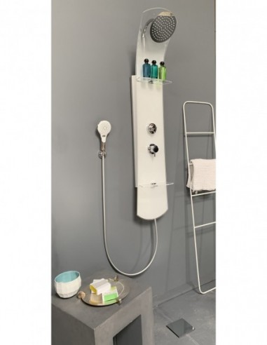 499003 408 00  Душевая стойка Nautilus с полками для хранения, термостатический смеситель, белое стекло Valentin Белый  - Вид №3