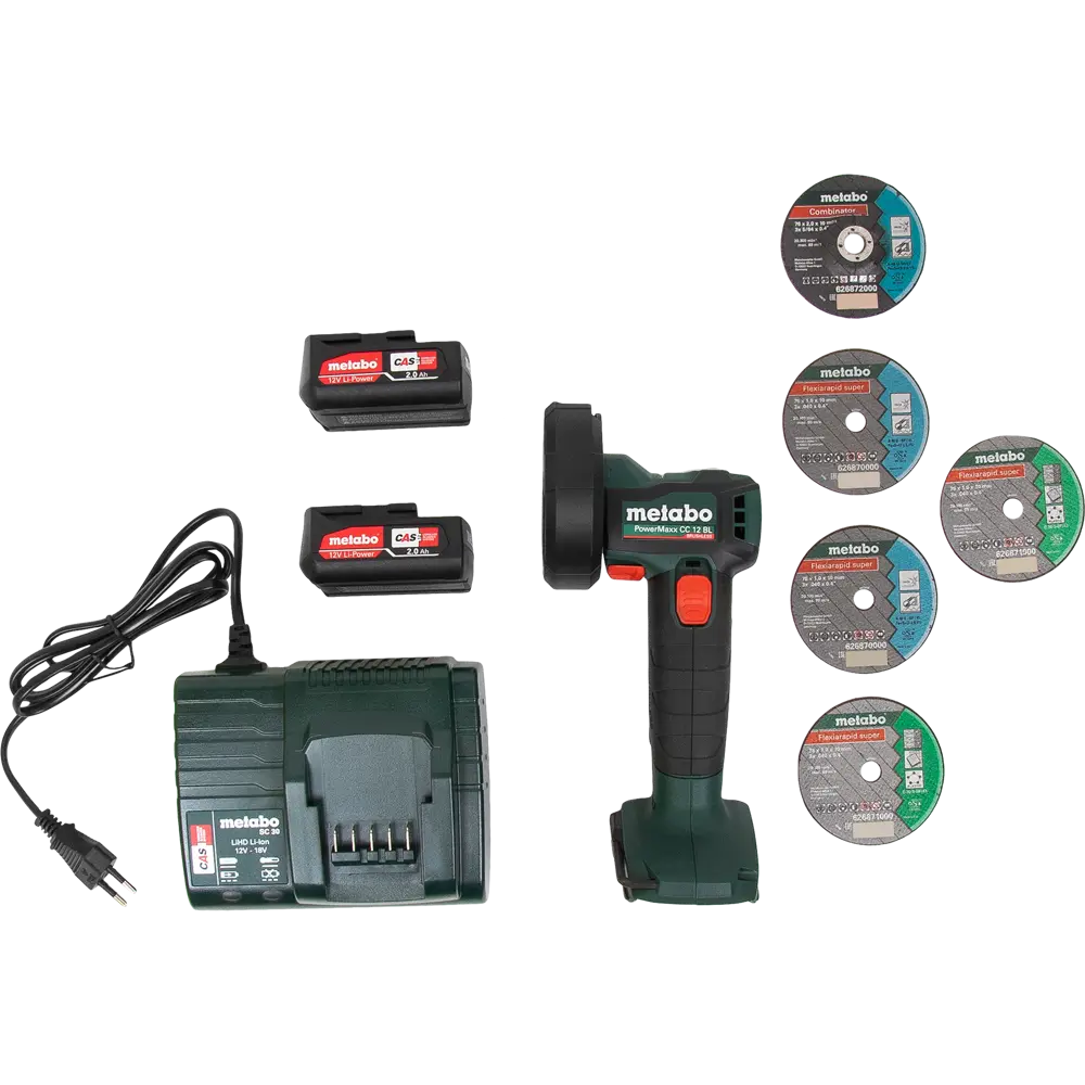 УШМ аккумуляторная бесщеточная Metabo PowerMaxx CC 12 BL 600348500, 12 В Li-Ion 2x2 Ач, 76 мм 83072004 STLM-2005281  - Вид №5