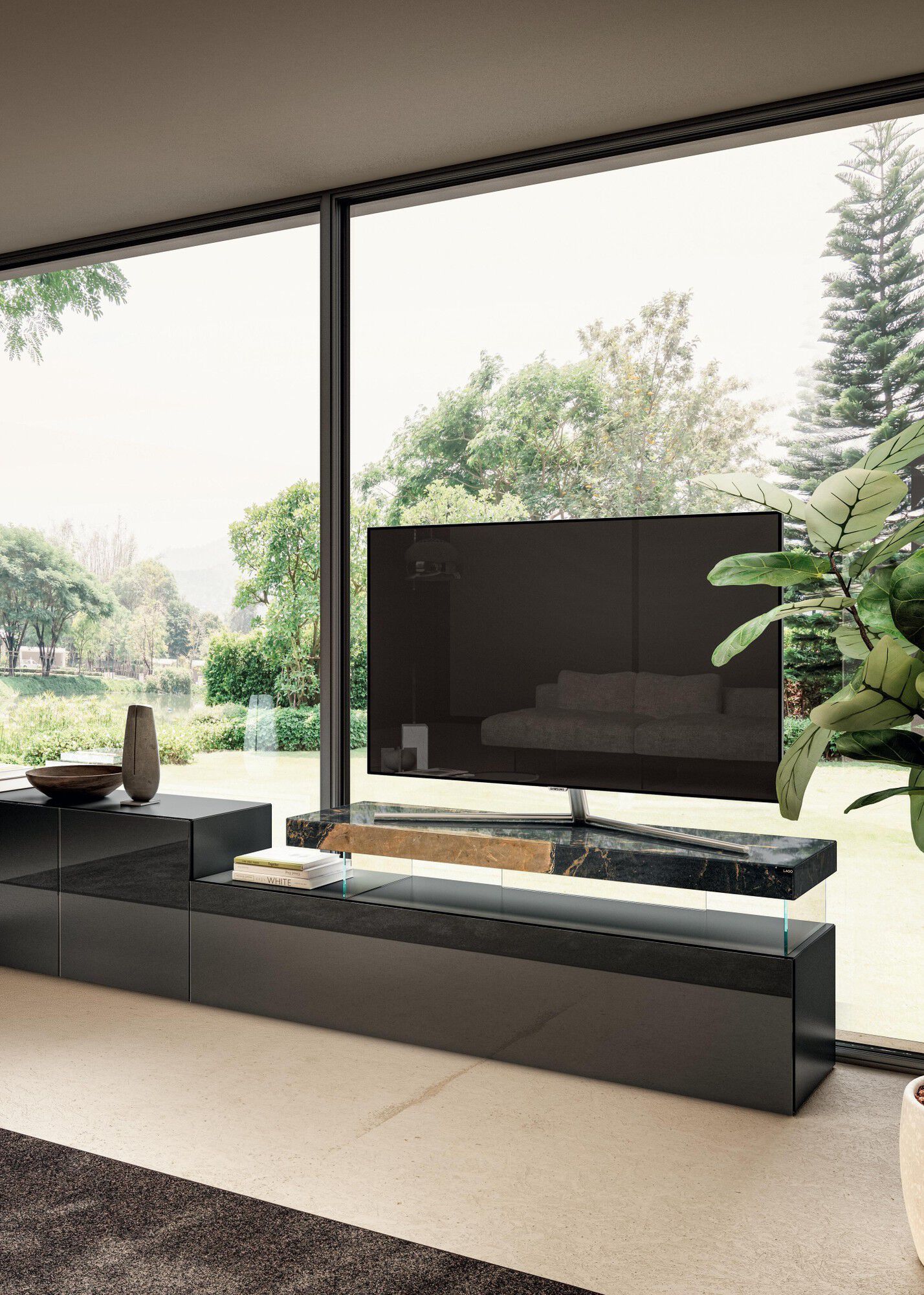 Стеклянный шкаф для телевизора с выдвижными ящиками и распашными дверцами Lago Air ARCH-00131003 - Вид №1