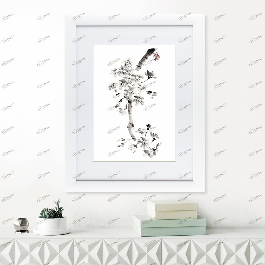 Картина в деревянной раме 60х47 см "Японская акварель Суми-э, №1" КАРТИНЫ В КВАРТИРУ  093770 Бежевый;белый;зеленый;разноцветный 