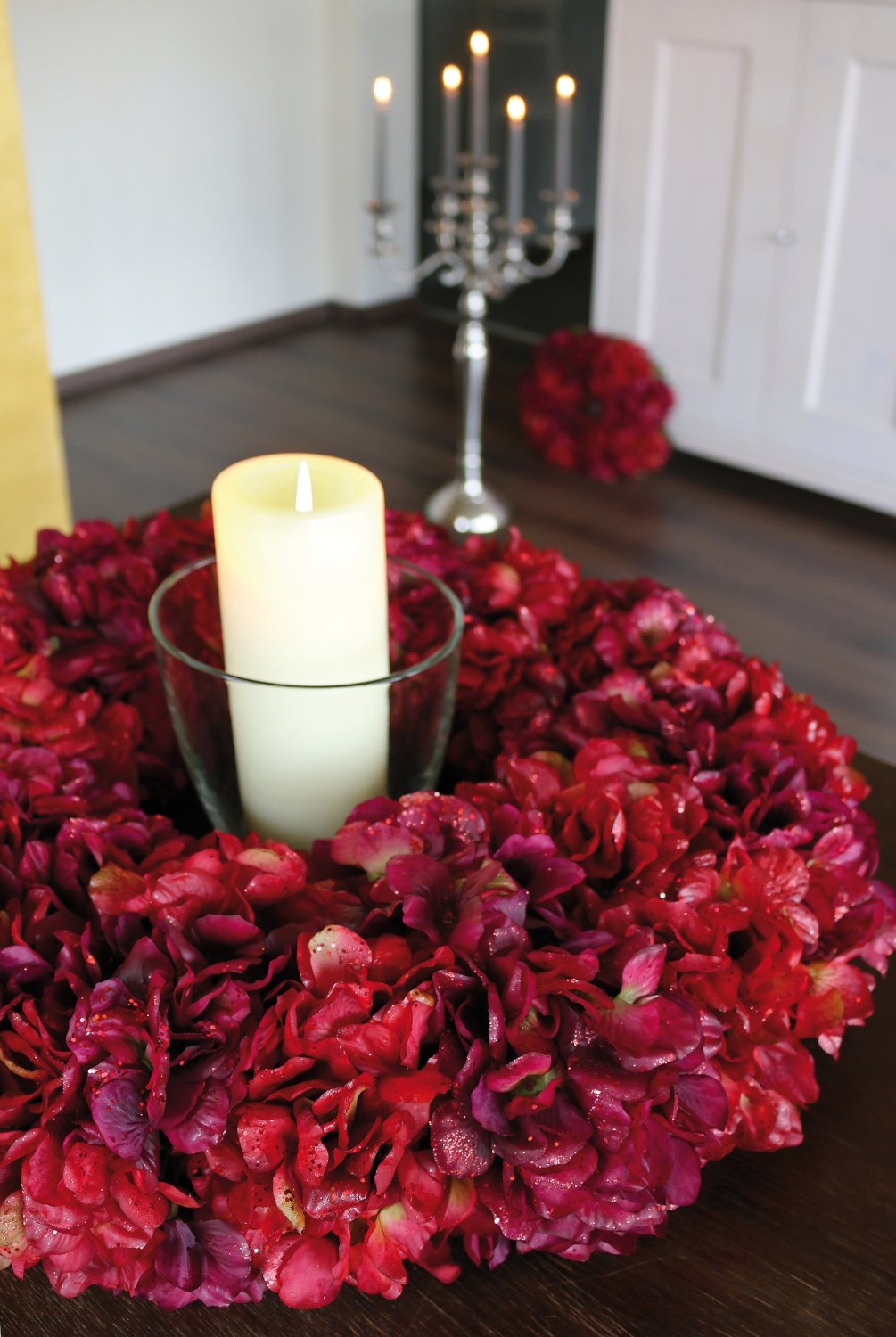 2010 432 a3 Искусственный венок из гортензии с глиттером, Ø 55 см, бордово-золотой H-andreas  - Вид №1