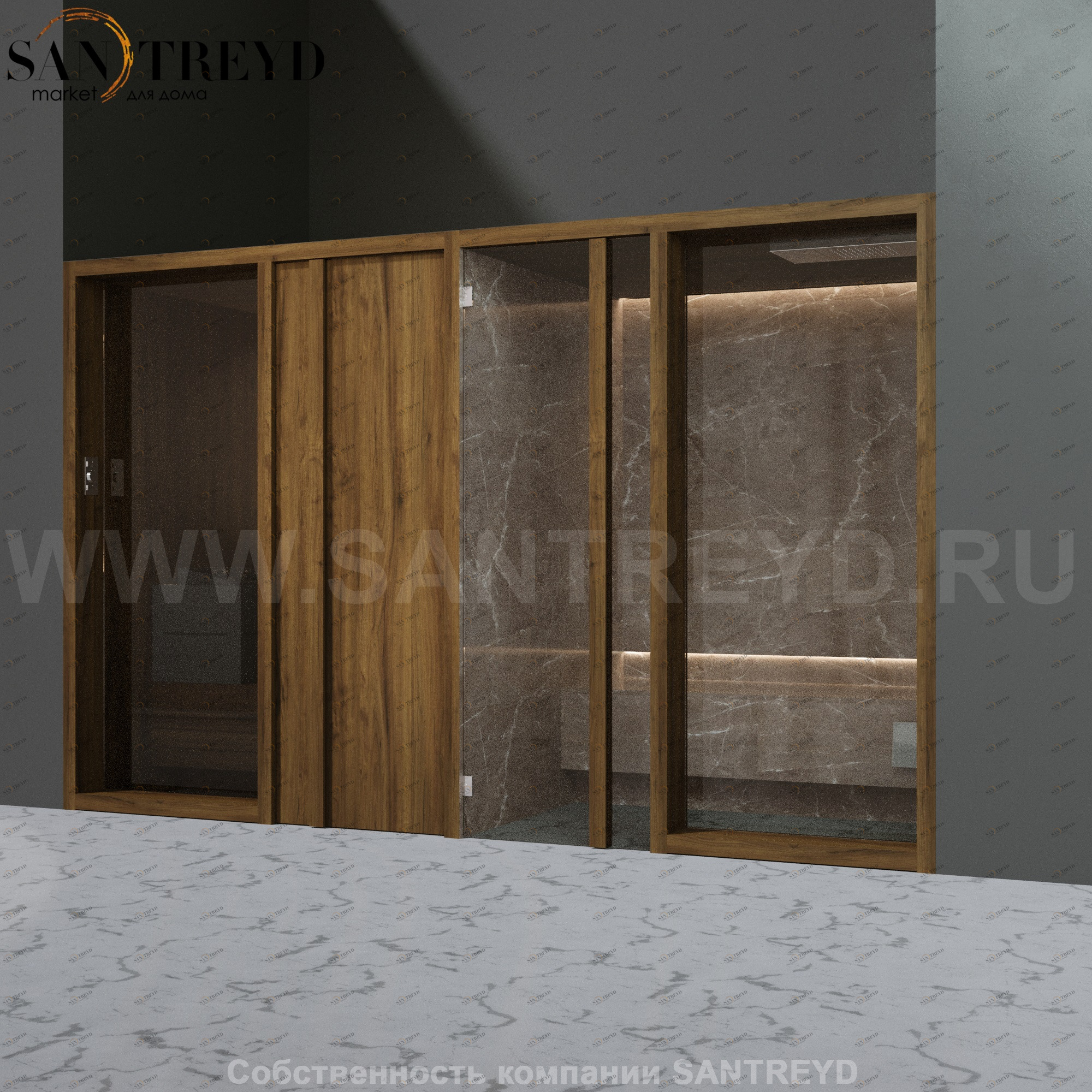 Effegibi YOKU.D SH YO.20320001 Комбинированная баня: хаммам и сауна. Установка: в нишу. Мощность: 10,5 кВт макс. Размеры: длина 342 см, ширина 170 см. Отделка: чёрный орех и темный керамогранит YO20320001