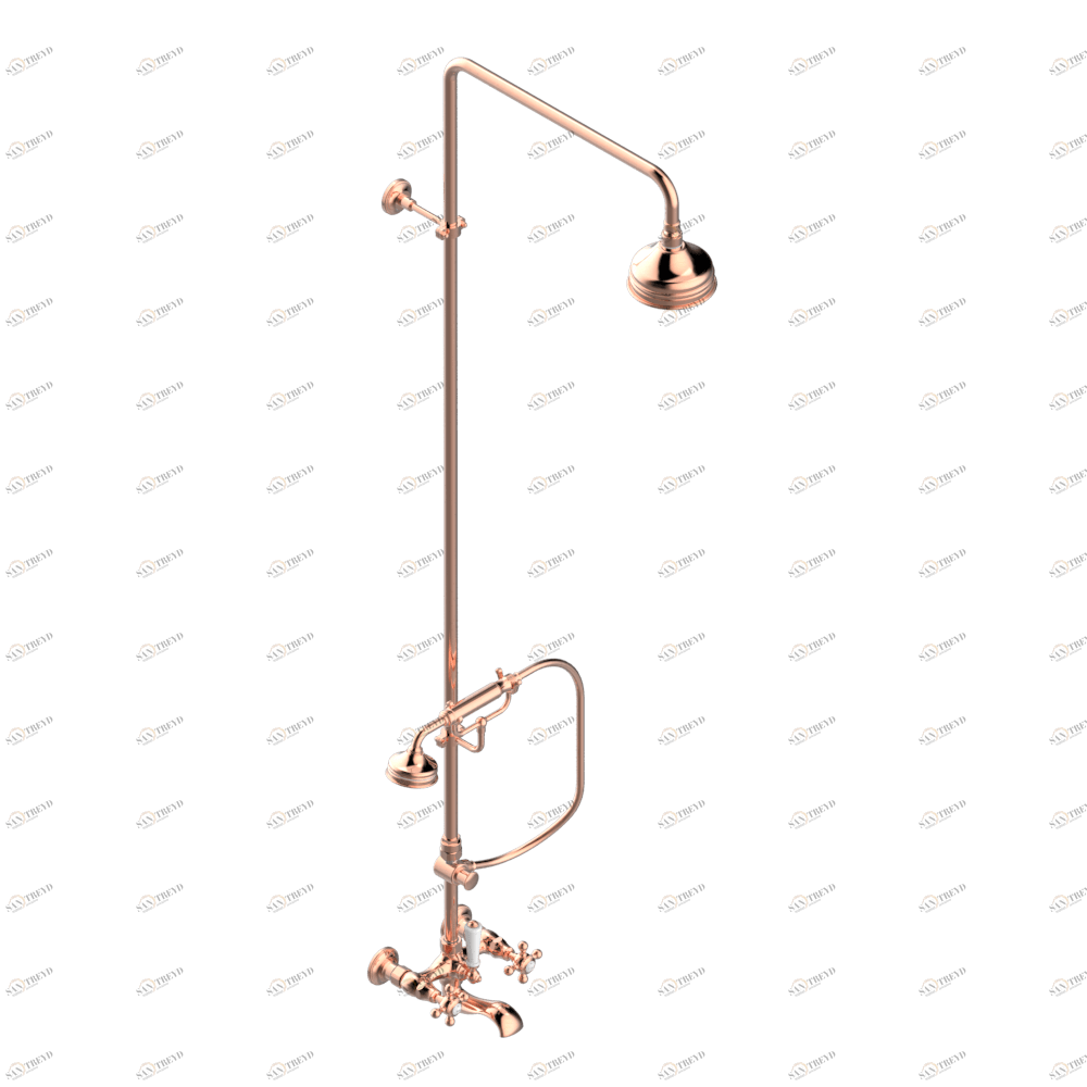 A52-13BCD Смеситель настенный для ванны/душа 1/2" с расстоянием между вентилями 150 мм (+ или - 22 мм), с душевой колонной с переключателем, настенной скобой, ручным душем, шлангом 1.5 м, держателем на стержне и 120 мм верхним душем Thg-paris Broadway Роз A52 13BCD CAT.F