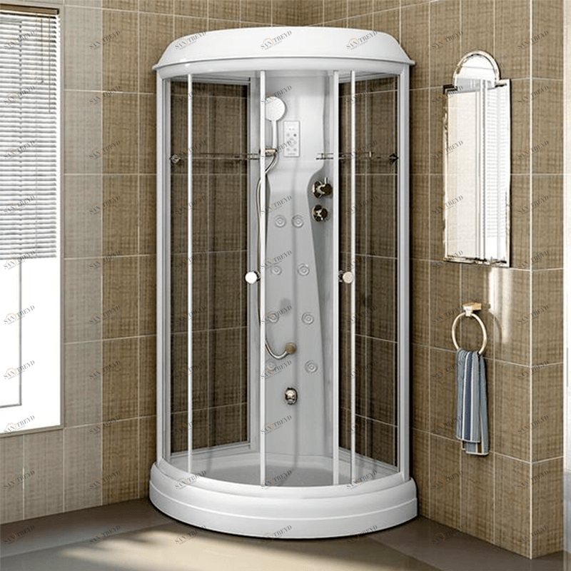 Душевая кабина «БЕАТА», поддон на раме-подставке с устройством слива, боковые стенки (стеклянные), центральная стойка, стеклянные шторки (прозрачные), смеситель, ручной душ, 2 стеклянные полочки Radomir 1051001140