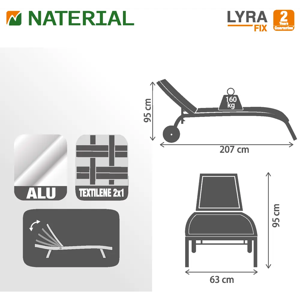 Шезлонг с колесами Naterial Lyra 207х63 см алюминий/ текстиль темно-серый 82232587 STLM-2005957  - Вид №16