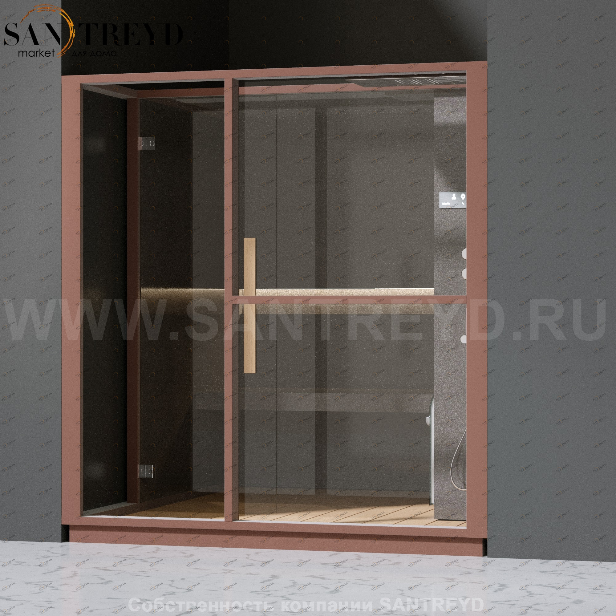 Effegibi LOGICA H LO30030009 Хаммам. Установка: в нишу. Правая дверь. Мощность: 4,5 кВт макс. Размеры: длина 214 см, ширина 250 см. Отделка: матовый лакированный коричневый аллюминий и темный ламинат из керамогранита.