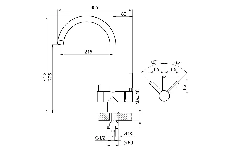 7104, СТАЛЬ САТИН, СМЕСИТЕЛЬ КУХОННЫЙ GRANULA Kitchen Space 7104-ST123 - Вид №2