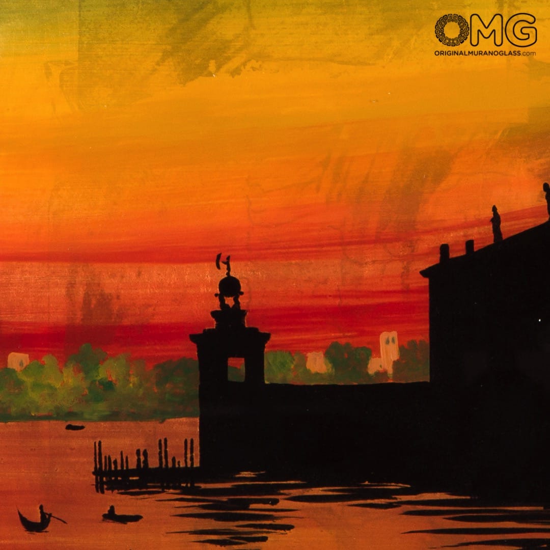 2441 ORIGINALMURANOGLASS Картина с рамкой - Собор делла Салюте на закате, эмаль на золотом листе - муранское стекло - Original Murano Glass OMG 3 см  - Вид №1
