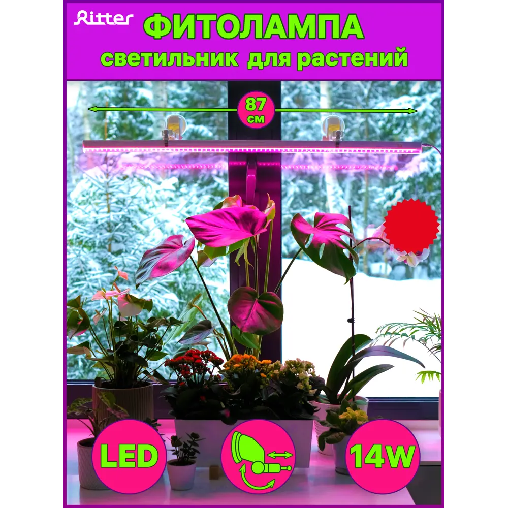 Фитосветильник линейный светодиодный Ritter 14 Вт 872 мм на кронштейне с присосками 56301 3  красно-синий спектр розовый свет STLM-2025009 - Вид №14