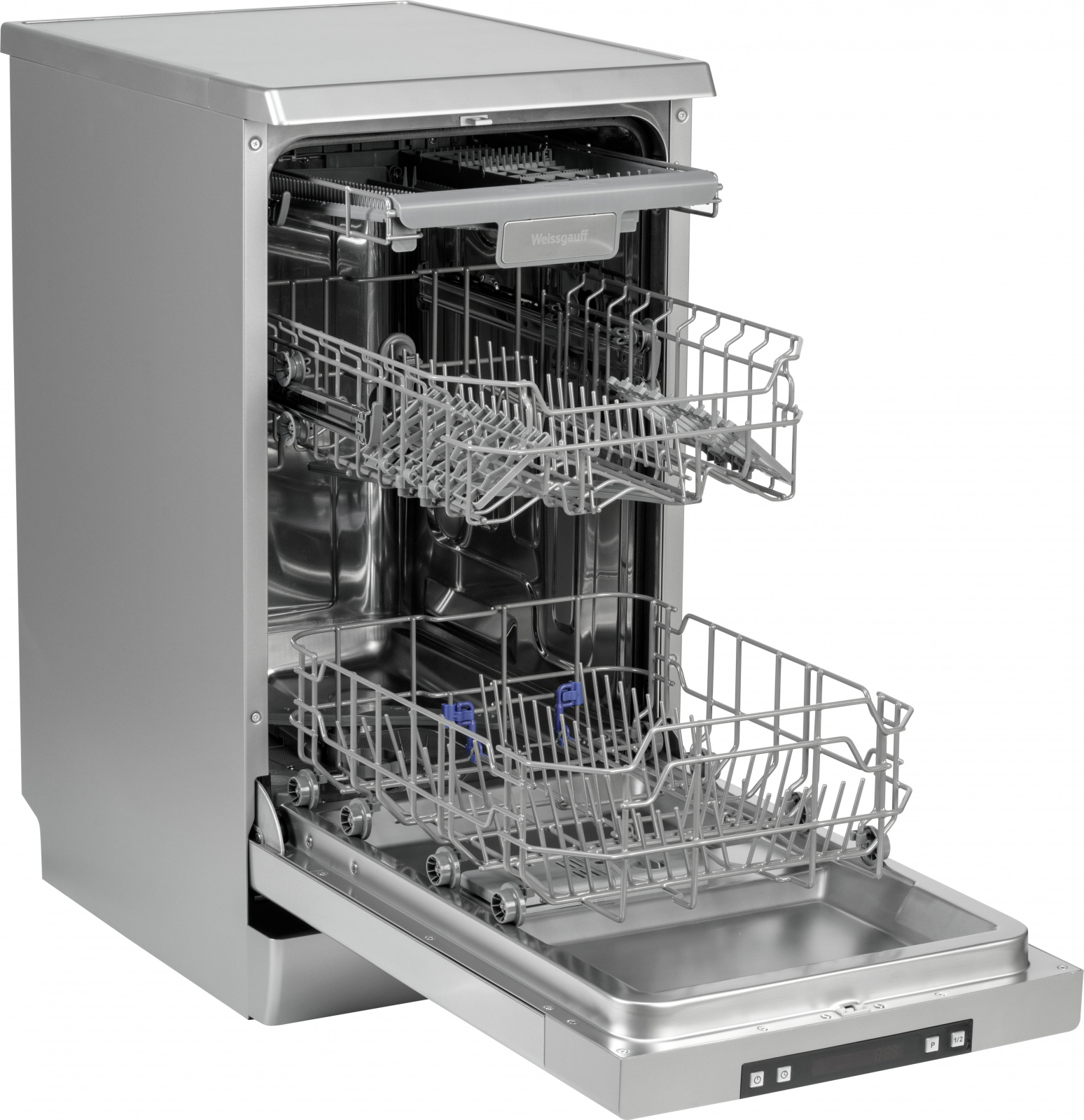 DW 4015 Узкая отдельностоящая посудомоечная машина, 45см, 9 комплектов, 5 программ, 1/2 загрузка, аквастоп, серебристая Weissgauff Santreyd  - Вид №4