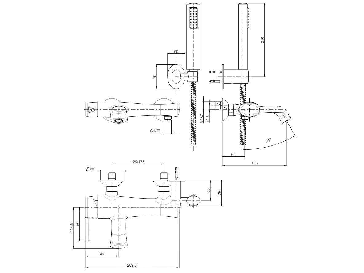 Внешний настенный смеситель для ванны с ручным душем Rubinetterie Frattini Delizia ARCH-00044558 - Вид №6