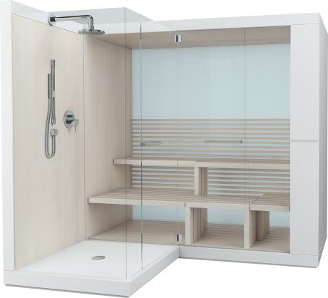 7503..002011000 Сауна Inipi Ama, пристенный и угловой вариант Inipi #7503 2350 x 2205 x 2220 мм Белый глянцевый декор Duravit  - Вид №2