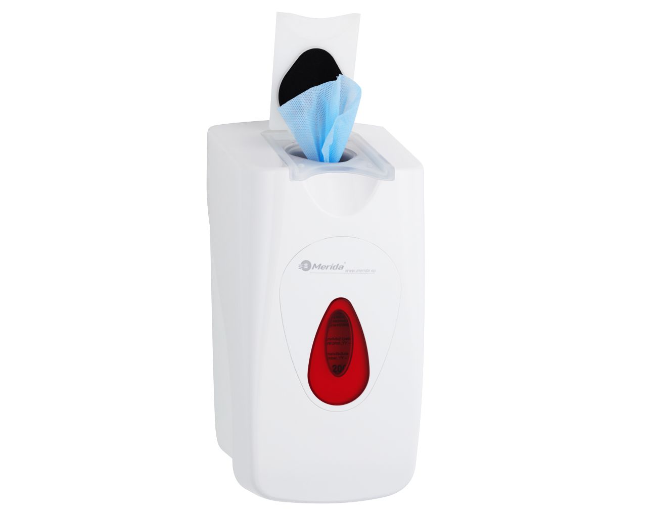 DW002 Диспенсер влажных салфеток для дезинфекции рук и поверхностей под одноразовые картриджи ТОП, белый, красное окошко Merida  - Вид №3
