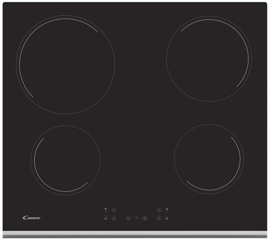 CH64XB Электрическая, стеклокерамическая электрическая варочная панель шириной 60 см. 4 hi light зоны нагрева."автоматика закипания". индикация остаточного тепла. 10 ступеней нагрева. 5 уровней безопасности. передний кант: нержавеющая сталь Candy Santreyd 