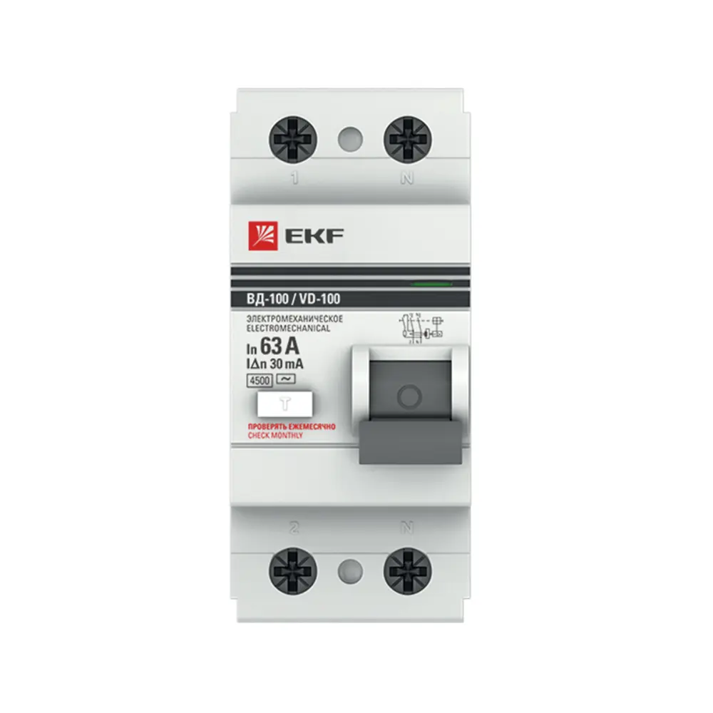 УЗО EKF ВД-100 2P 63 А 30 мА 4.5 кА АС elcb-2-63-30-em-pro 82423031 STLM-2204409  - Вид №1