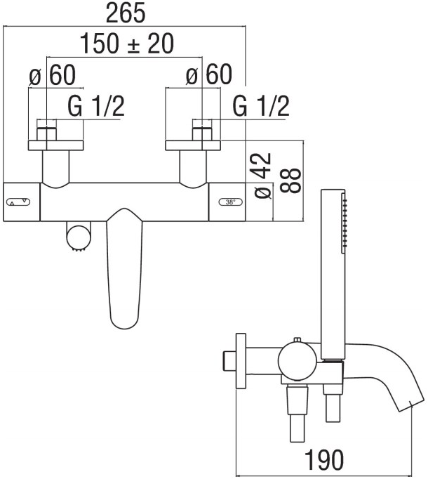 Nobili Rubinetterie Смеситель для ванны настенный с ручным душем на 2 отверстия Likid Lk00010/2cr - Вид №1