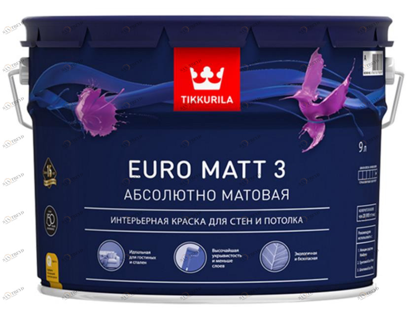 Краска Tikkurila Euro Matt 3 / Тиккурила Евро 3 глубокоматовая латексная 9л 5662