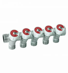 Carlo Poletti C52510QBI35 Коллектор сборный, с регулировочным клапаном. Ручка белая с идентификационными пластинками красный/синий. 5 ответвлений, межосевое расстояние 35 мм.