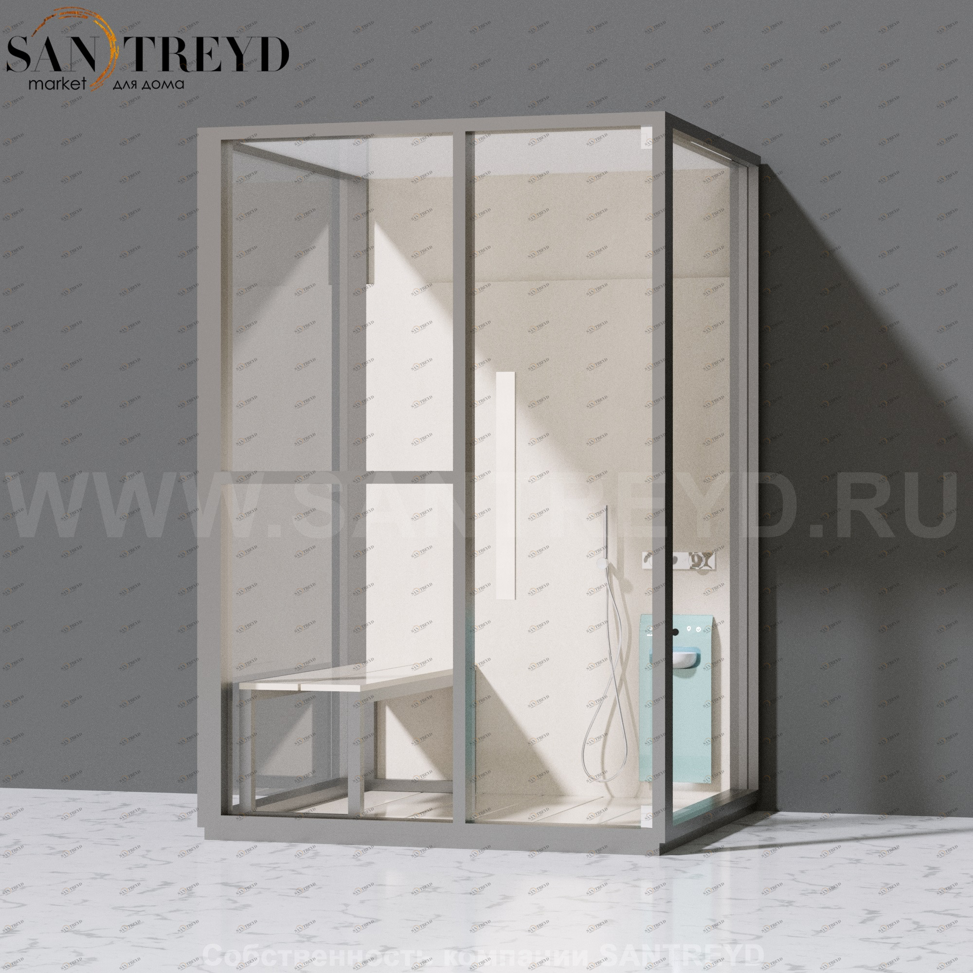 Effegibi H MEDIUM LO81010002 Комбинированная баня: хаммам и душ. Установка: к стене. Левая дверь. Мощность: 3 кВт макс. Размеры: длина 152 см, ширина 102 см. Отделка: матовый лакированный серый аллюминий и бежевый ламинат из керамогранита.