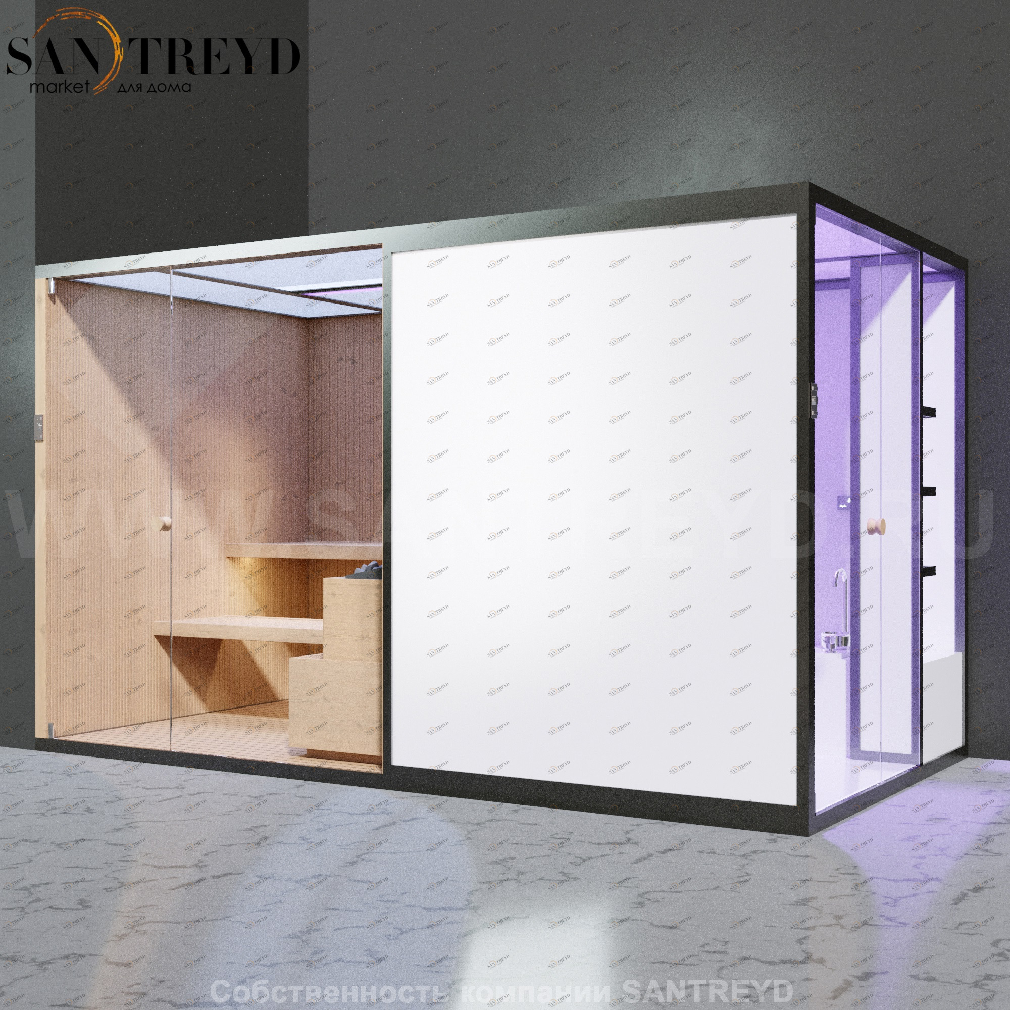 Effegibi BODYLOVE SH BL45150003 Боковая комбинированная баня: хаммам и сауна. Установка: к стене. Мощность: 15 кВт макс. Размеры: длина 393 см, ширина 176 см. Отделка: канадский хемлок без отделки.