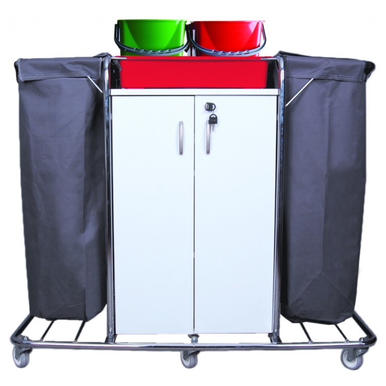 KHA 3202 Nossa Тележка для горничной многофункциональная 2 мешка для белья или мусора, лоток. цветные ведра 4х5л. шкаф с полками с замком поворотные колеса 80мм 