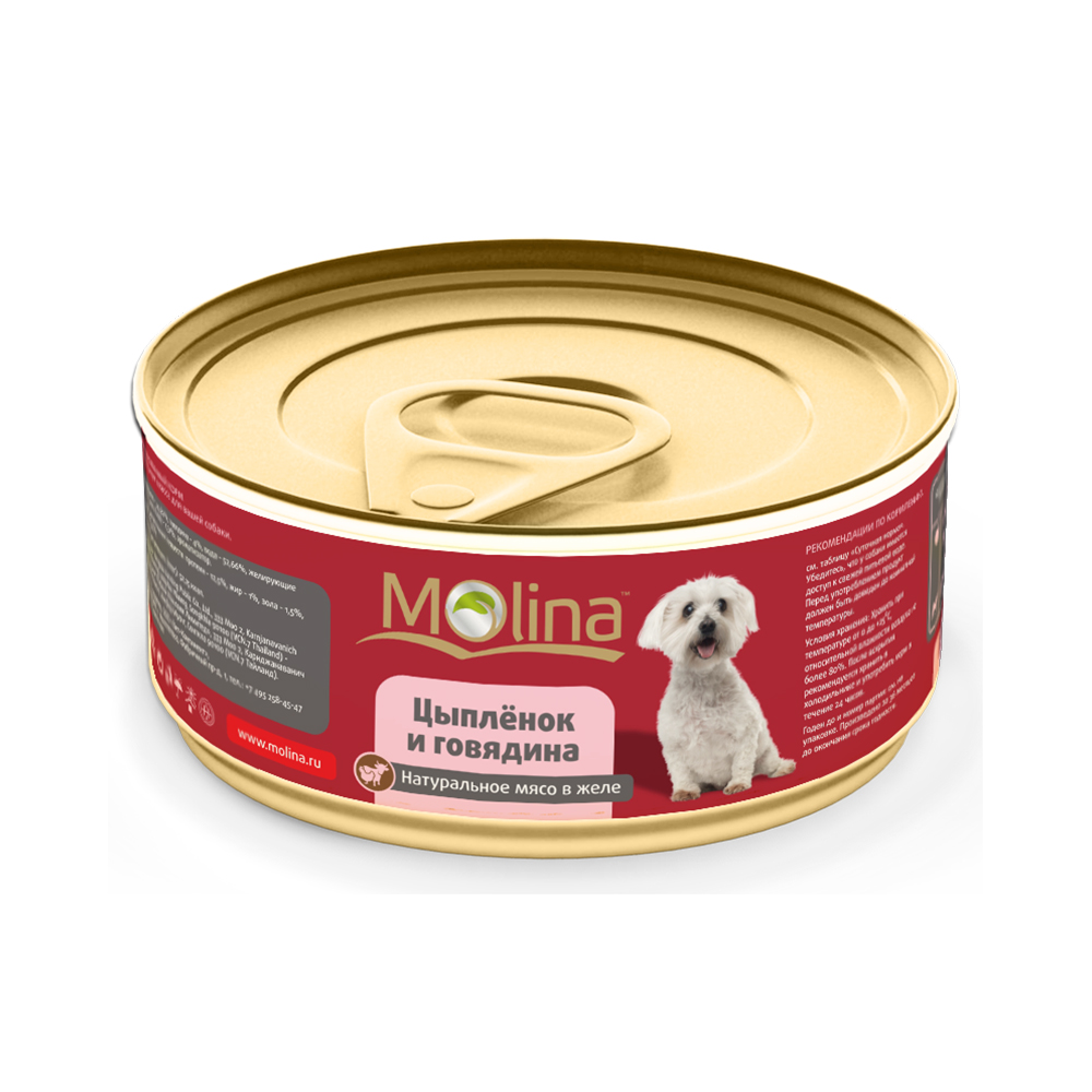 ПР0019438 Корм для собак Цыпленок с говядиной в желе, банка 85г Molina 