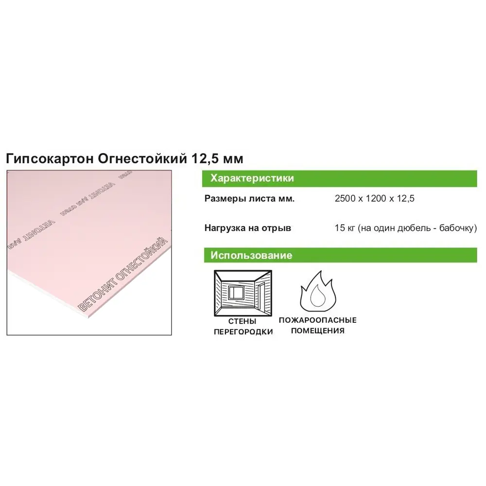 Гипсокартон огнестойкий 12.5 мм Vetonit 2500x1200 мм 3 м² STLM-2180234 - Вид №7