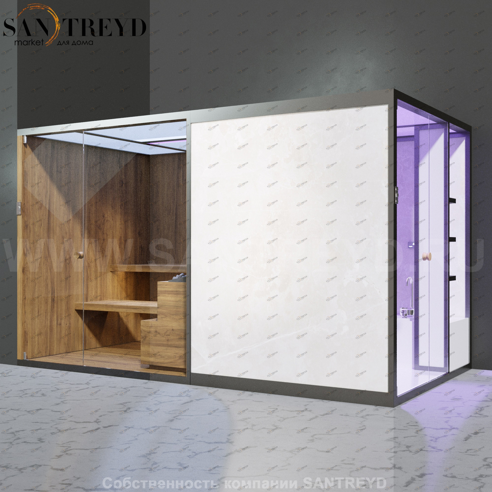 Effegibi BODYLOVE SH BL45210005 Боковая комбинированная баня: хаммам и сауна. Установка: в левый угол. Мощность: 15 кВт макс. Размеры: длина 393 см, ширина 176 см. Отделка: термообработанная древесина, светлый керамогранит.