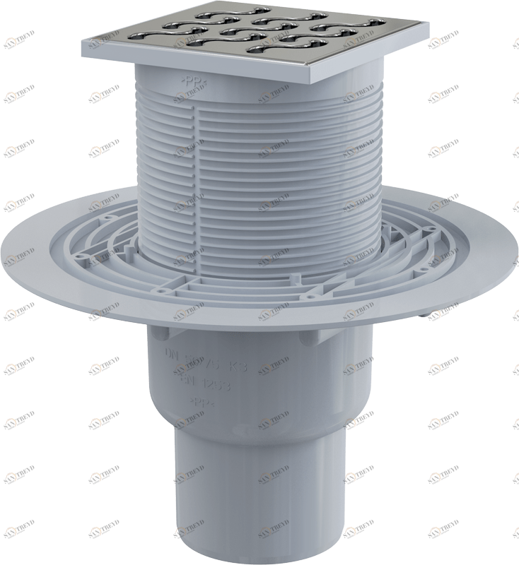 Сливной трап 105×105/50/75 мм прямой сток, решетка из нержавеющей стали, гидрозатвор мокрый ALCAPLAST APV202
