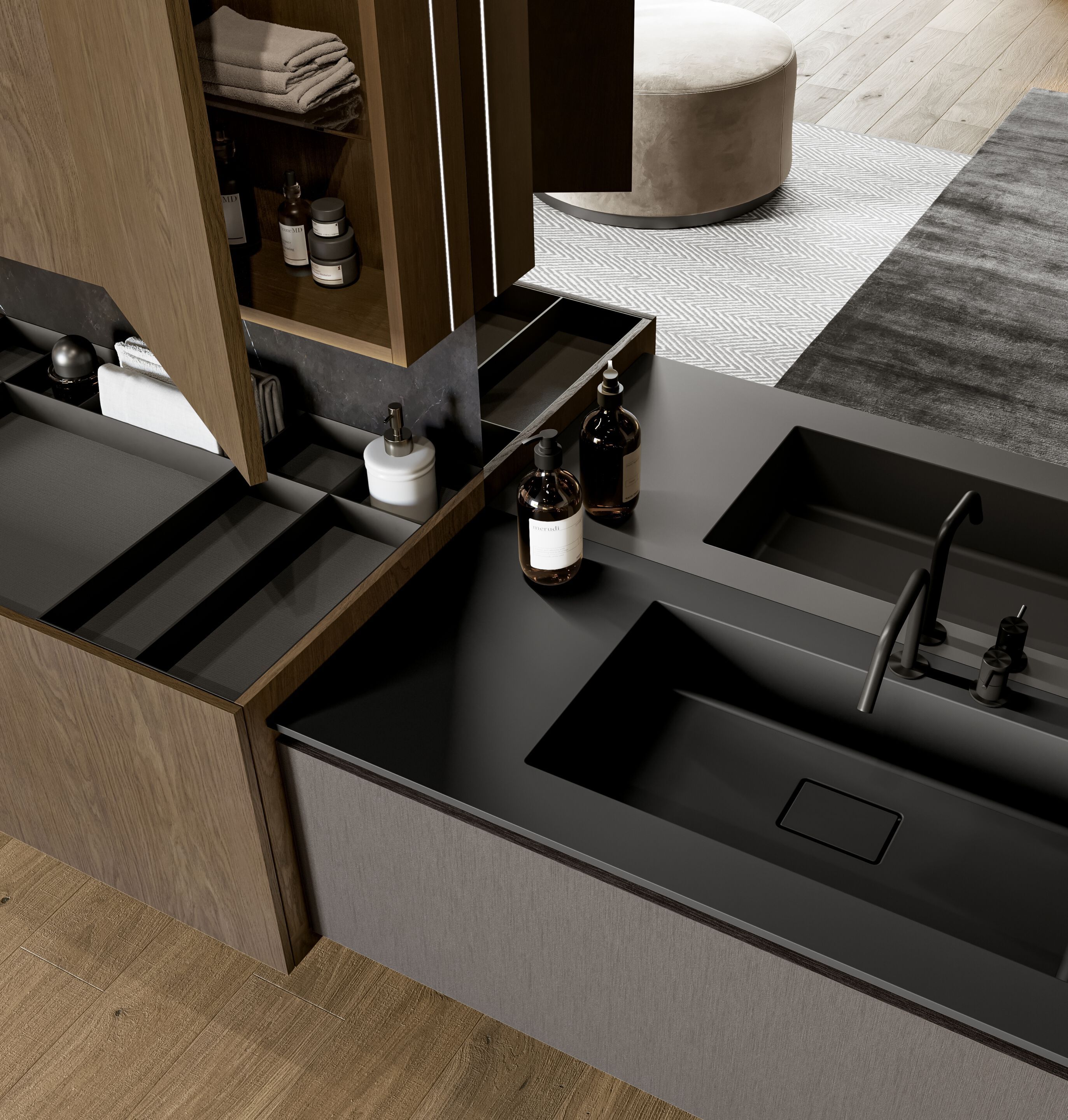 Подвесной одиночный умывальник с зеркалом, навесными шкафами и полками Birex Facto ARCH-00026401 - Вид №1