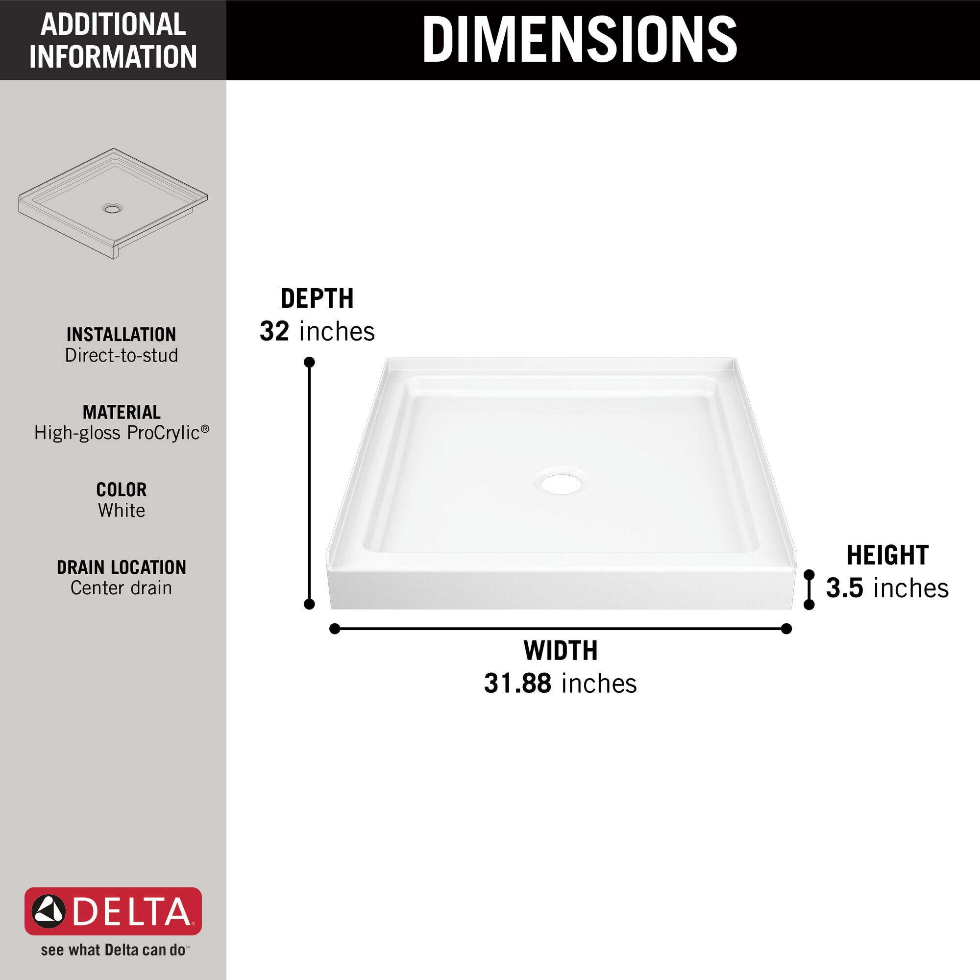 Classic 400 32 "x 32" душевой поддон с центральным сливом Delta Faucet 40014 - Вид №7
