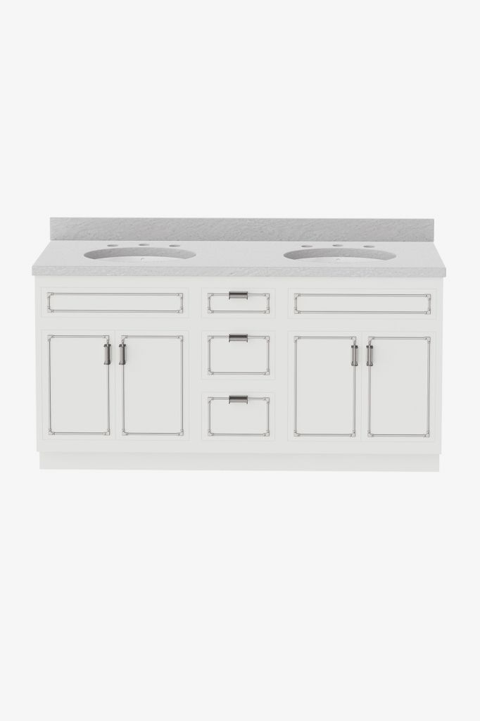 PLVN04 Двойной туалетный столик Pullman с оборудованием 67 дюймов x 24 1/2 дюйма x 34 1/2 дюйма с плитой, фартуком 4 x 3/4 дюйма и раковинами Saxby Waterworks 