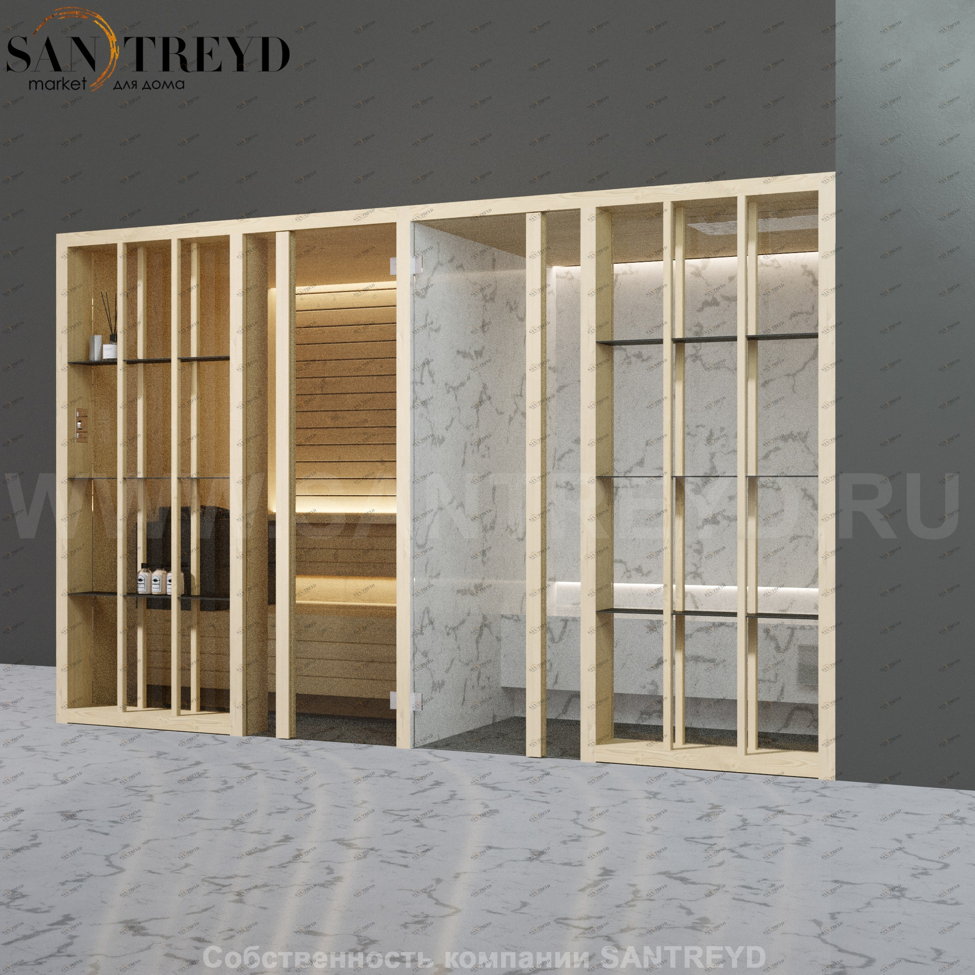 Effegibi YOKU.S SH YO.10110002 Комбинированная баня: хаммам и сауна. Установка: в правый угол. Мощность: 10,5 кВт макс. Размеры: длина 342 см, ширина 170 см. Отделка: осина термообработанная и светлый керамогранит YO10110002